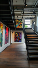 : A contemporary staircase in a modern art gallery, with abstract paintings adorning the walls.