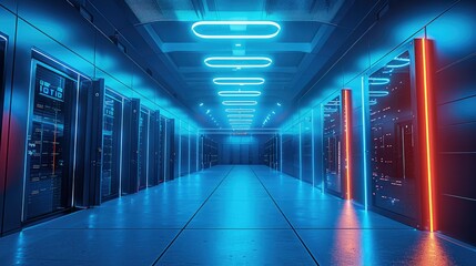 Modern data center facility from the outside light blue neon. Generative AI. - obrazy, fototapety, plakaty