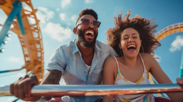 two happy emotional people having fun on the rides and spending the whole day carefree. men and women having fun on a roller coaster - Powered by Adobe