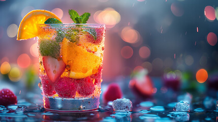 Pictures of refreshing drinks On the glass and brightly colored, delicious, fruit cocktails or smoothies look refreshing. - obrazy, fototapety, plakaty