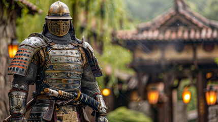 A Japan samurai with chrome and refection armor