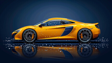 a sportscar full view Illustration yellow with rain drop and blue background, water drop, fresh, wallpaper photography