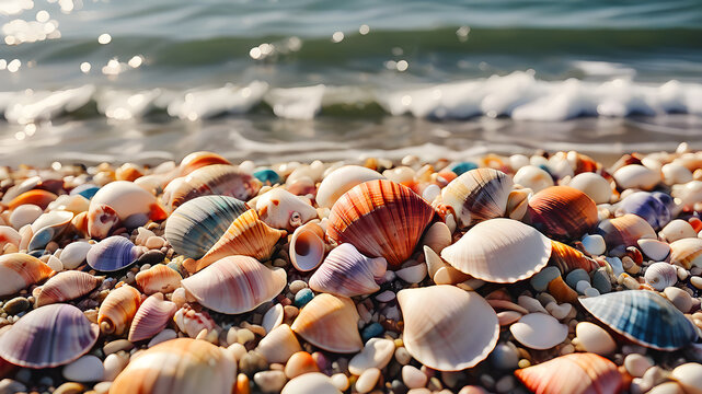 multi-colored seashells on the seashore against the backdrop of the surf. seascape. illustration