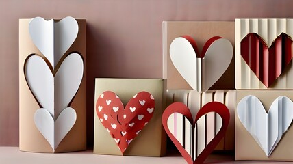 "Create a stunning visual of heart-shaped paper cutouts delicately placed around a clean and minimalist composition, with a touch of whimsy and charm."