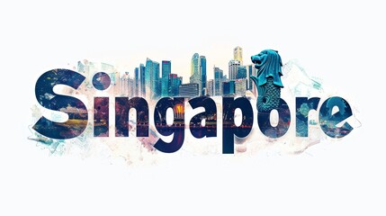 Singapore Cityscape and Merlion Park in Text Art Silhouette