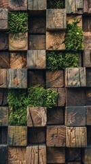Moss grows on wooden blocks stacked to form a wall. Background, wallpaper.