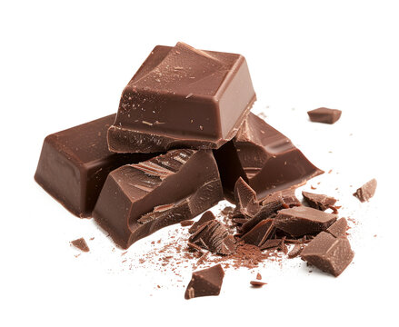 Broken chocolate. Chocolate pieces isolated. Chocolate pieces on white background as package design elements. With clipping path.