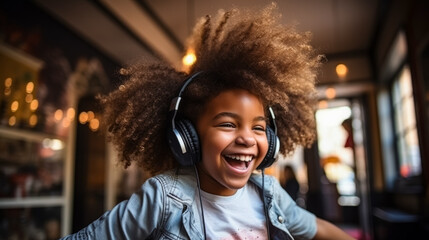 A young Afro boy 14 years old enjoying music in her cozy living room, wearing headphones and dancing with a carefree and joyful expression, capturing the essence of a relaxed and stylish lifestyle - obrazy, fototapety, plakaty