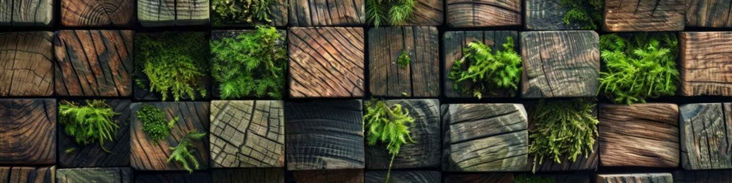Several wood planks in a row with patches of green grass growing out of them. Background, wallpaper. Banner.