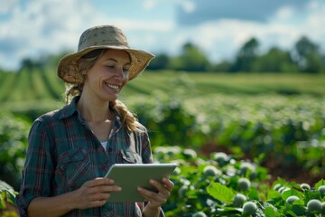 Fototapeta premium Farmer with tablet in the field . Agriculture, gardening, business or ecology concept. Growth dynamics. copy space