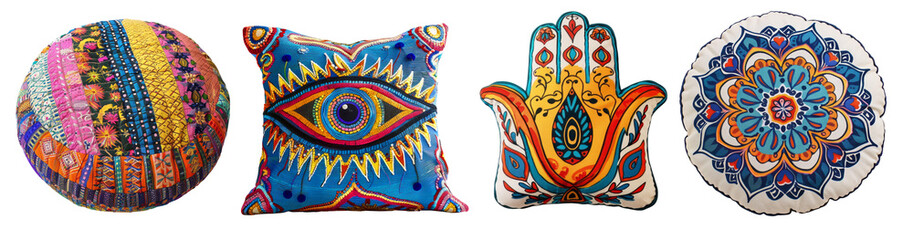 India, meditation, yoga plush pillows set on transparent background