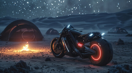 futuristic motorcycle concept inspired by , desert nomad camp un