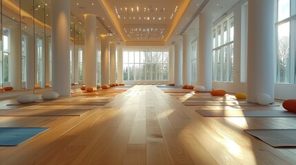 A spacious yoga studio with mirrors on the walls, wooden floors and bright lights from large...