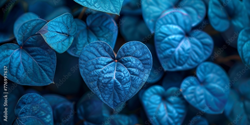 Poster the heart of nature a close-up of blue leaves arranged in the shape of a heart generative ai