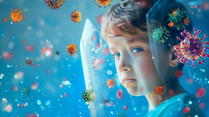 The boy child is behind shields invisible from bacteria and disease. The concept of vaccination of children and protection against viruses.