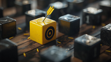 Goal setting and selecting the most suitable goal for business purposes. Achieving goals or objectives. Target goal symbols on black cubes.