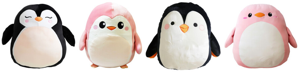 Cute kawaii penguin shaped plush pillows set on transparent background