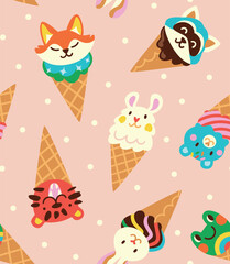 Seamless pattern with cute cartoon faces animals in waffle cones