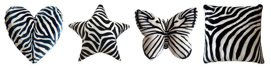Zebra print plush pillows set on transparent background - obrazy, fototapety, plakaty