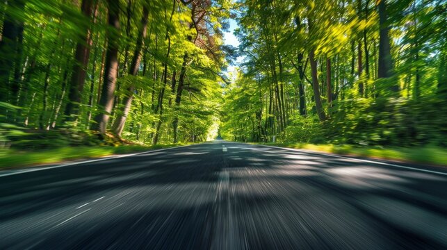 Motion blur of a straight asphalt road in the middle of the forest during the day
