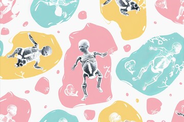colorful illustration of newborn pattern, x-ray style, pastel palette background, graphic concept wallpaper use