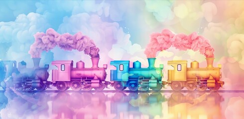 colorful  locomotive illustration with rainbow colors and pastel background - obrazy, fototapety, plakaty