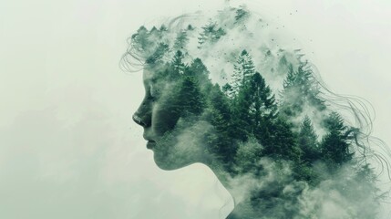 Double exposure of woman with green pine forest background, mother earth concept