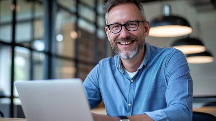 Obraz premium Happy mature business man executive manager looking at laptop computer watching online webinar or having remote virtual meeting, video conference call negotiation. Generative AI