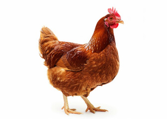 Fototapeta premium The brown feathered hen has a red comb standing proudly