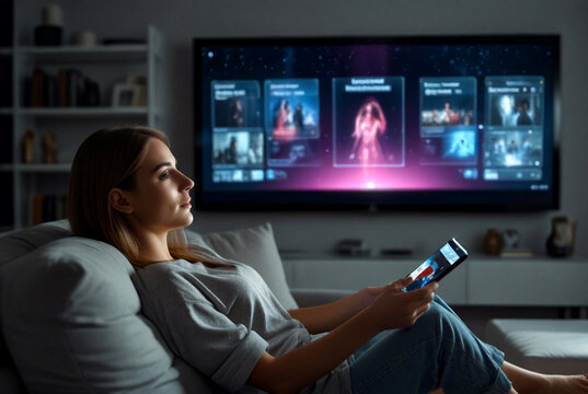 Lovely young woman sitting on couch at night in living room. Perfect modern lady choosing movie to evening watch on futuristic augmented reality hologram screen. Futuristic concept. Copy ad text space