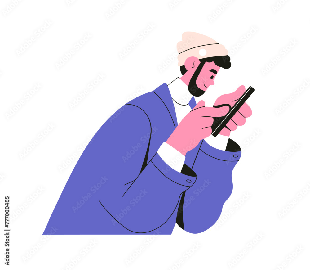 Poster man using mobile phone. young character reading, looking at smartphone in hands. person scrolling, s