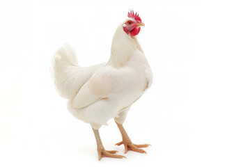 The hen has white feathers and a red comb standing proudly, isolated white background