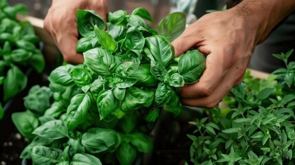 close up photo of male farmer picking basil stems from a wooden container