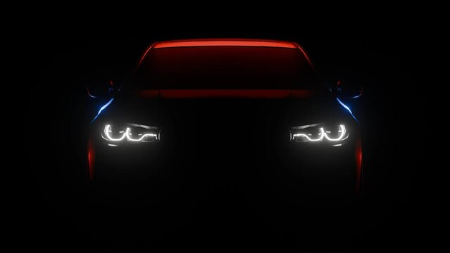 3D Rendered Super car Cinematic front view in dark background, sport car headlights blinking in dark with a red and blue light