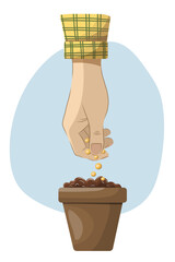 Hand with seeds. a man plants seeds in a seedling pot. Illustration on the theme of landscaping, ecology, gardening, plant growing. Vector flat illustration.