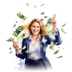Happy and successful woman celebrating watercolor painting. Wealthy and empowered female smiling ink illustration.