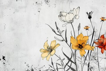 Vector art of assorted flowers, each line drawn with precision, against a white wall background, combining natural beauty with digital artistry, 