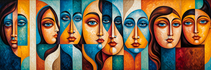 Figurative Art in a Cubist Painting: A Group of People with Symmetrical Facial Features and Different Colored Faces