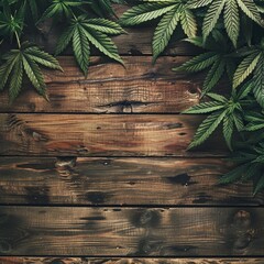 Cannabis leaves on wooden texture, rustic feel, bottom copy space