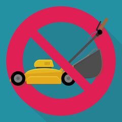 Yellow lawn mower isolated on a blue background crossed by the circular red prohibition symbol with long shadow in flat design style
