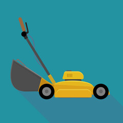 Yellow lawn mower on a blue background with long shadow in flat design style
