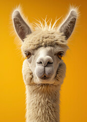 Fototapeta premium Front view of headshot of cute llama having brown fur, isolated yellow background