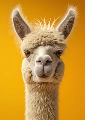 Zelfklevend Fotobehang Front view of headshot of cute llama having brown fur, isolated yellow background © Instacraft.Studio