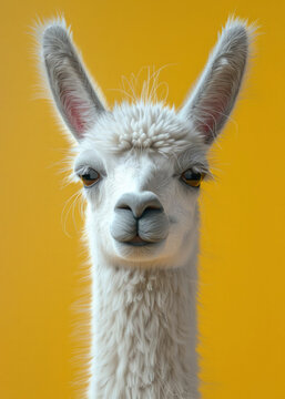 Front view of headshot of cute llama having white fur, isolated yellow background