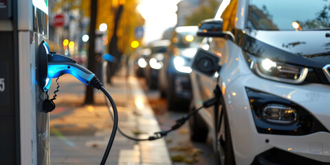 E - mobility, Electric vehicle charging, Electric car charging station, e-car charge point or electric vehicle supply equipment (EVSE) with information sign electric car public charging point station.