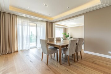 Naklejka na ściany i meble Elegant contemporary dining area in a luxury home with large windows, inviting natural light and tasteful decorations.