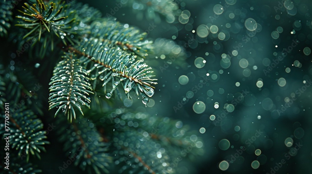 Poster mystical christmas a close-up of drops on a pine tree branch generative ai