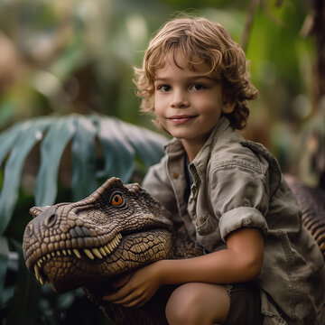 boy with a dinosaurus in the jungle