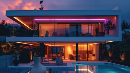 A modern family home, neon hues. Generative AI.