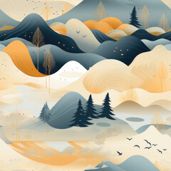 PatternNetz29, Abstract, landscape, of, mountains, with, birds, trees, gold
